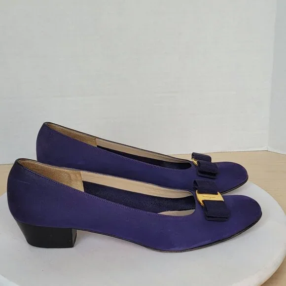 Vintage Salvatore Ferragamo Purple Nubuck Vara Plate Bow Low-Heel Pump Shoes 9AA - Picture 2 of 16